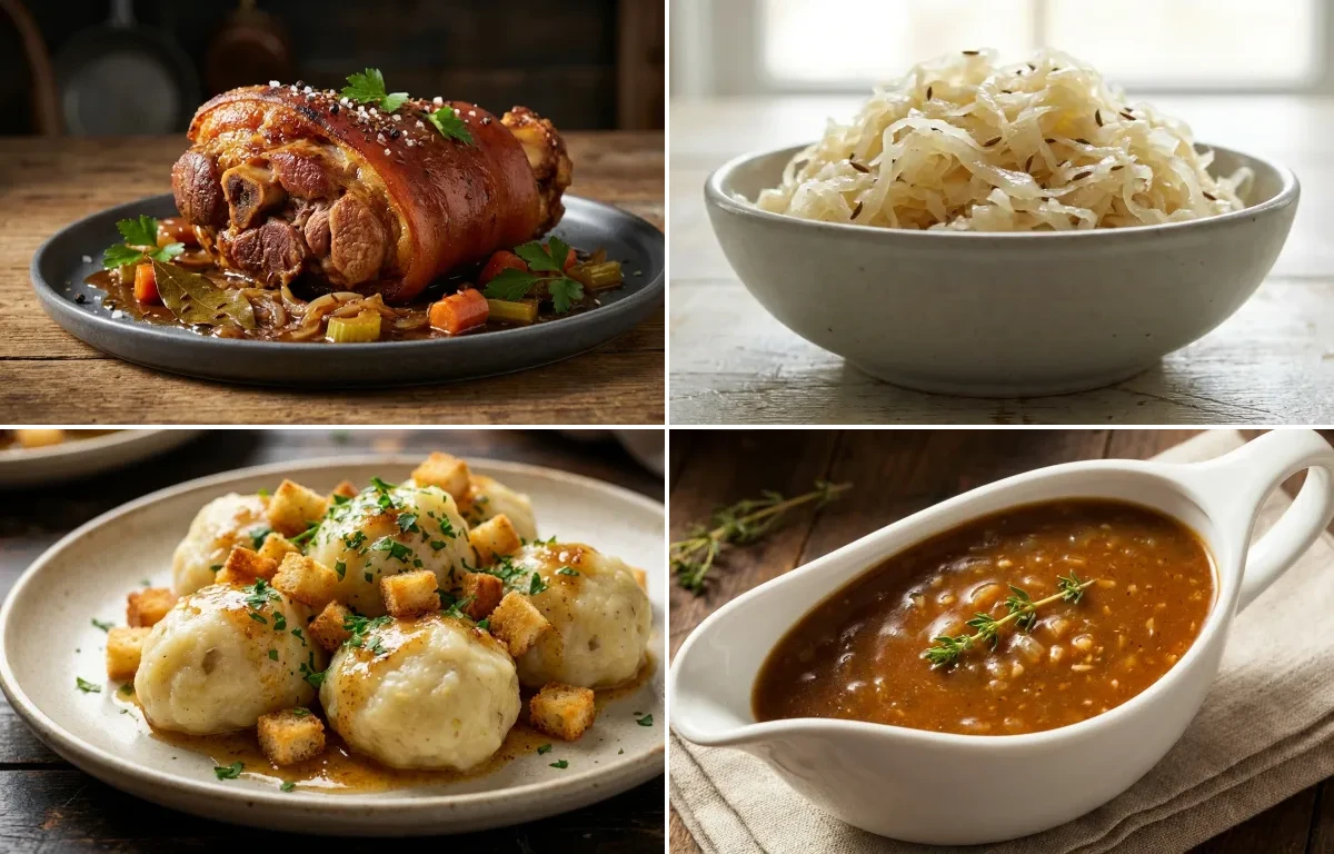 Pork Hock with Sauerkraut, Potato Dumplings and Beer Gravy