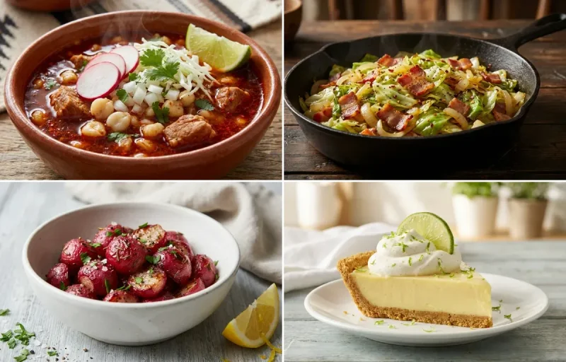Pork Posole Rojo with Fried Cabbage with Bacon, Roasted Radishes, Key Lime Pie and Tortilla Chips