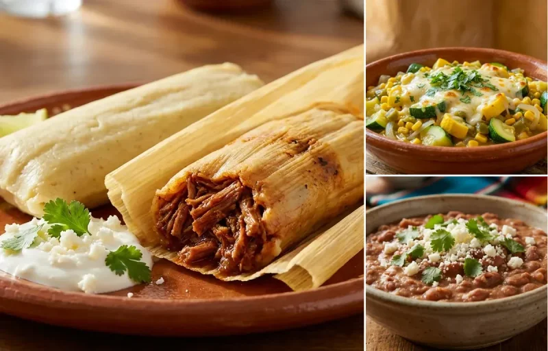 Pork Tamales with Calabacitas and Tex-Mex Refried Beans