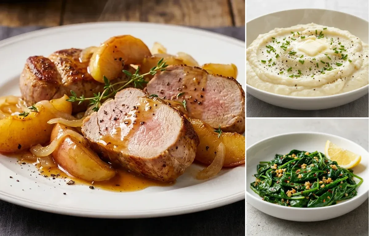 Pork Tenderloin with Apples with Mashed Cauliflower and Sauteed Spinach with Garlic