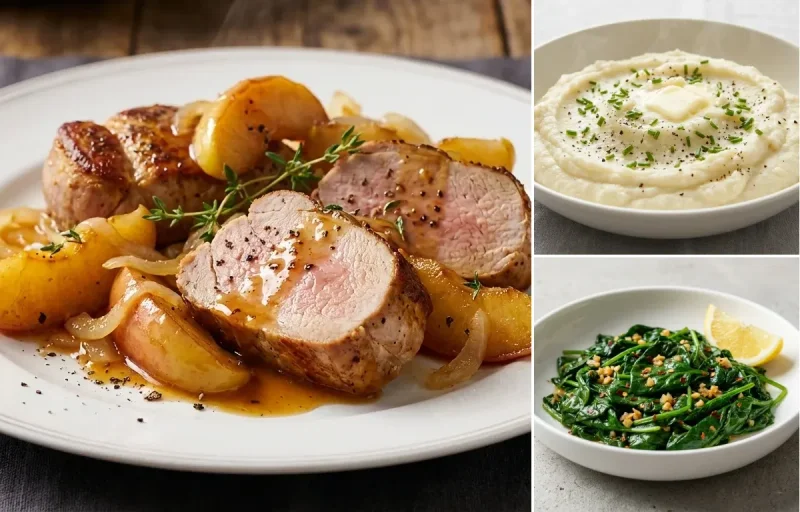 Pork Tenderloin with Apples with Mashed Cauliflower and Sauteed Spinach with Garlic