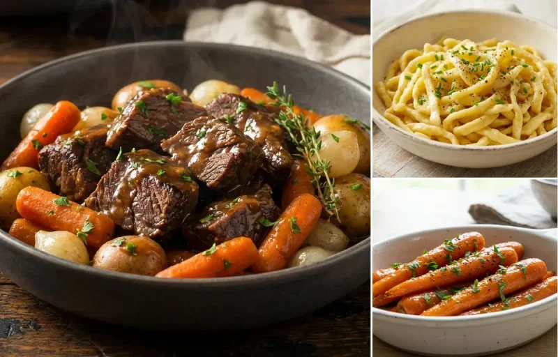 Pot Roast with Egg Noodles and Glazed Carrots