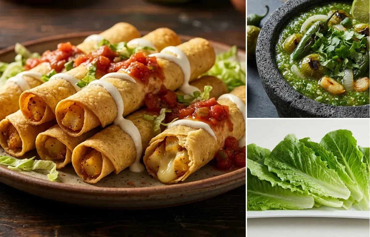 Potato and Cheese Flautas with Roasted Salsa Verde and Lettuce Leaves