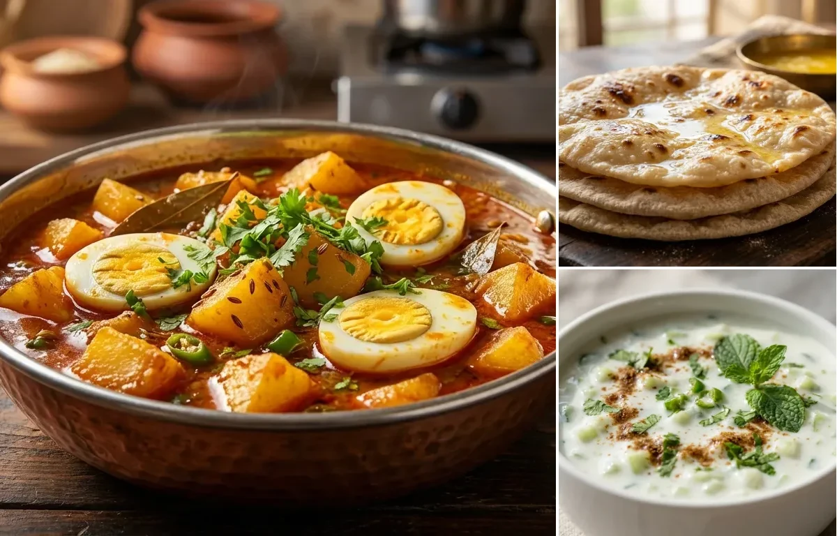 Potato Egg Curry with Chapati and Cucumber Raita