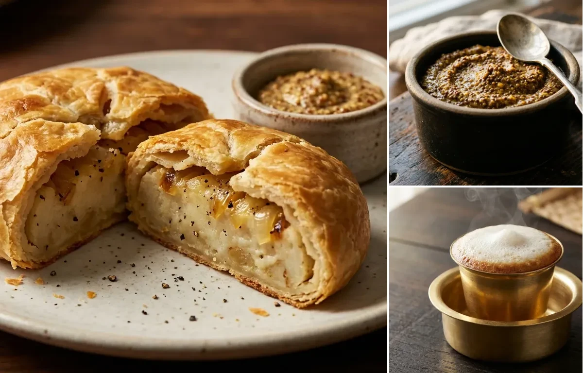 Potato Knish with Brown Mustard and Filter Coffee