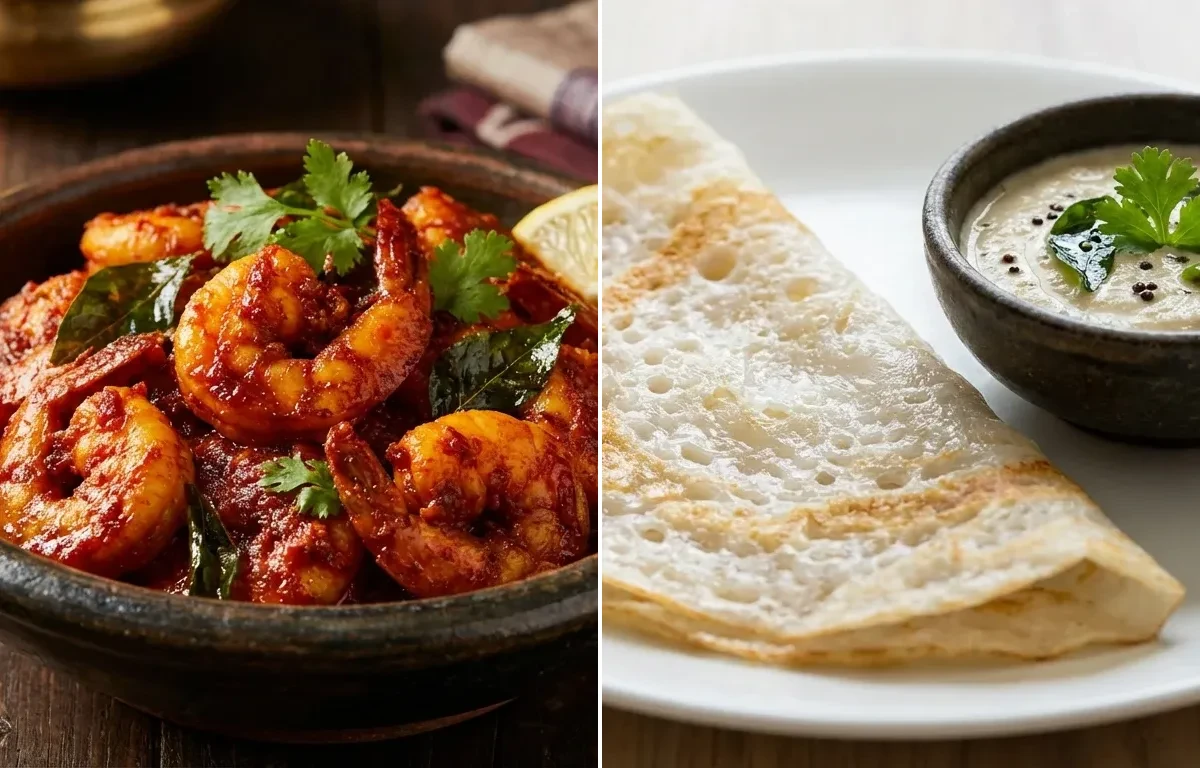 Prawn Ghee Roast with Neer Dosa