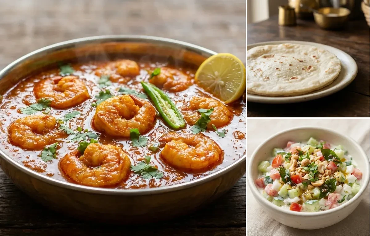 Prawn Masala Curry with Rice Bhakri and Koshimbir