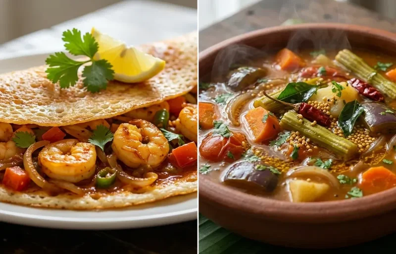 Prawn Masala Dosa with Vegetable Sambar