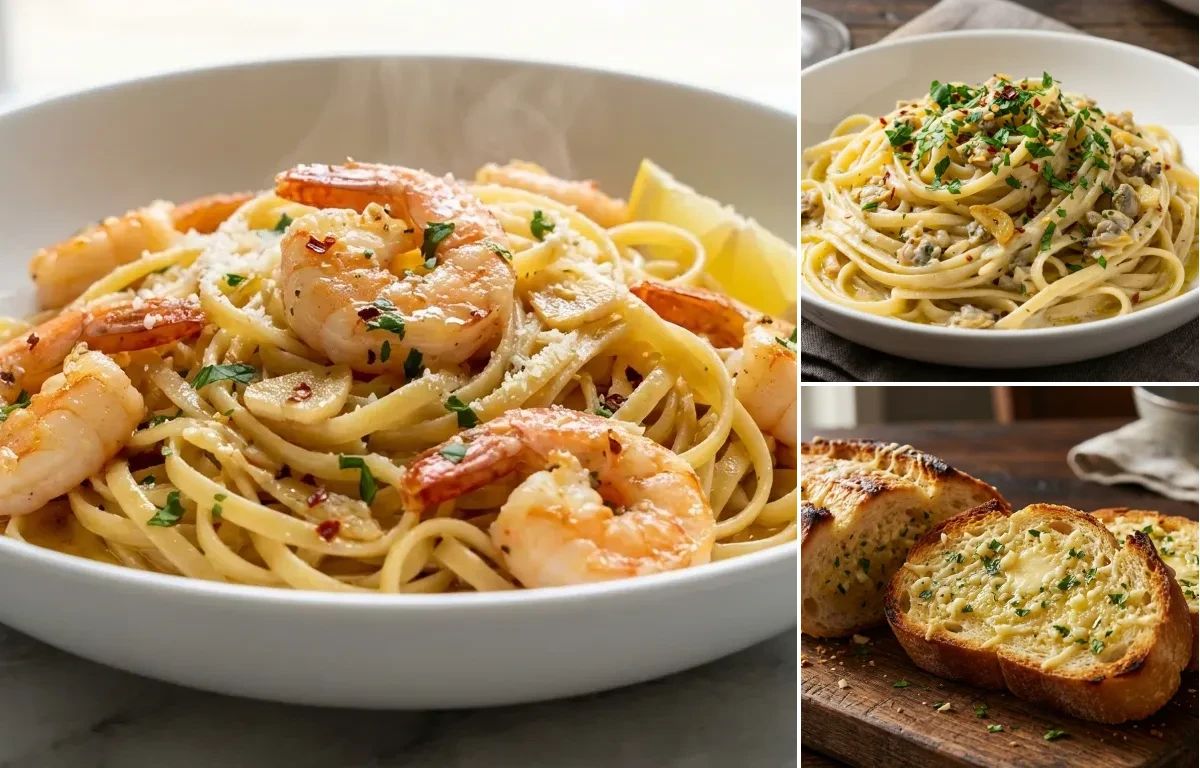 Prawn Scampi with Linguine with Clam Sauce and Garlic Bread