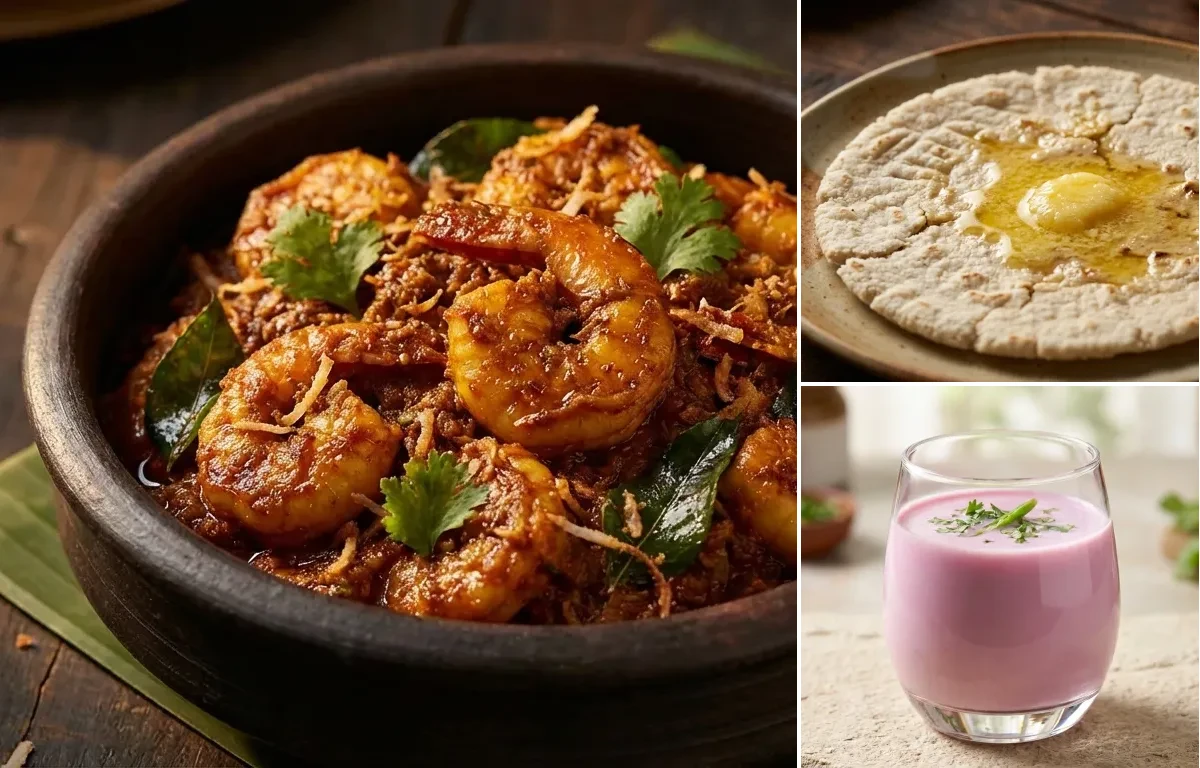Prawn Sukka with Jowar Bhakri and Konkani Solkadi