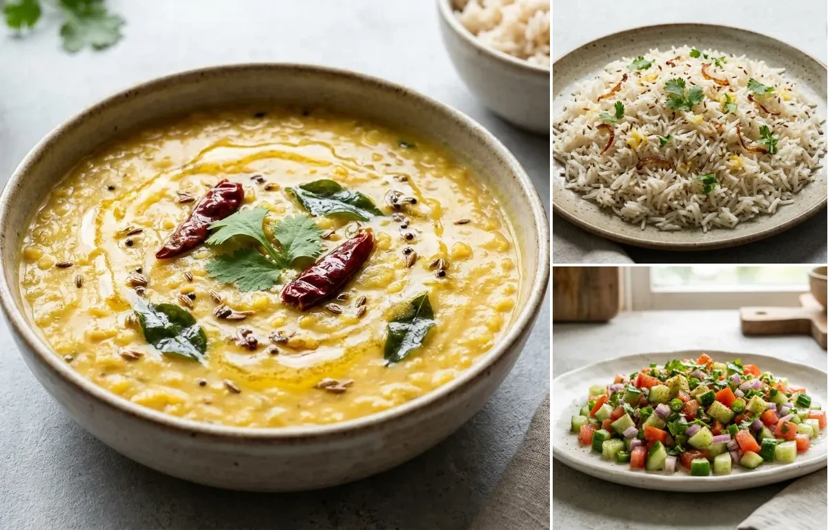 Pressure Cooker Dal Tadka, Jeera Rice and Kachumber Salad