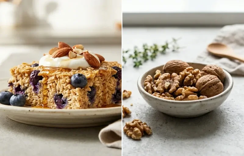 Protein Blueberry Baked Oatmeal with Hard Boiled Egg With Cucumber and Walnuts Small Portion