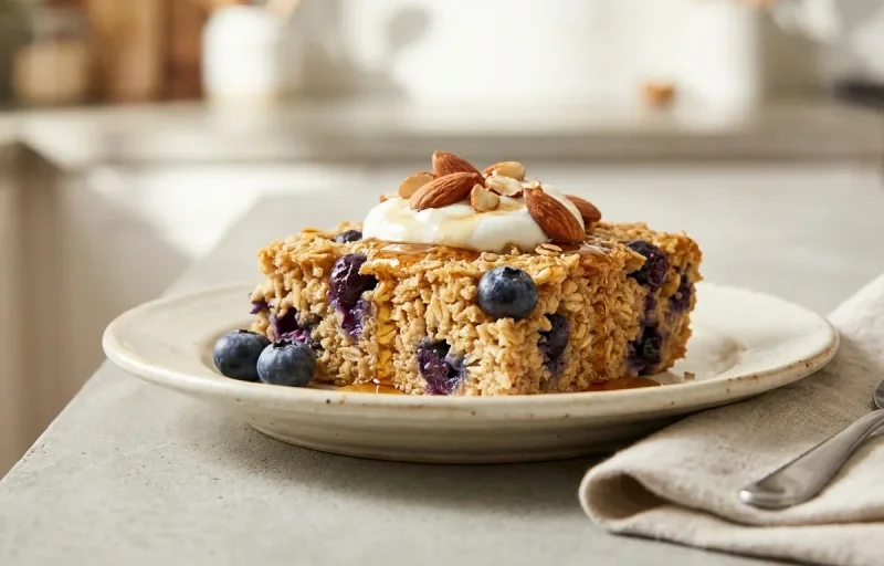 Protein Blueberry Baked Oatmeal with Yogurt With Fruit and Roasted Pumpkin Seeds Spiced