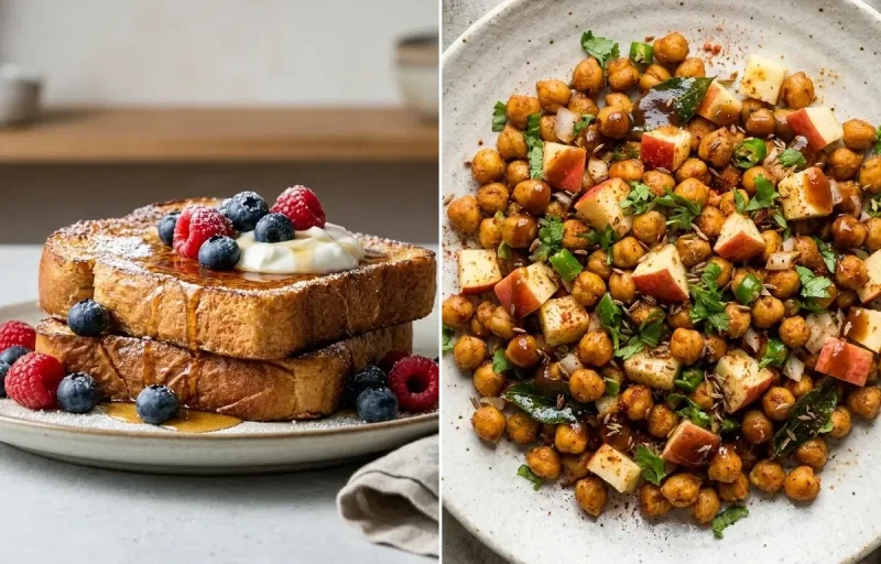 Protein French Toast with Apple Walnut Salad and Roasted Chana With Apple