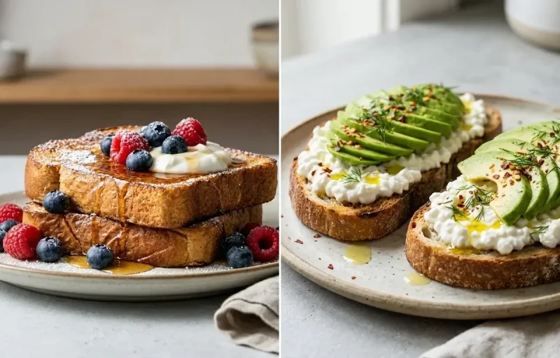 Protein French Toast with Beet Walnut Salad and Avocado Cottage Cheese Toast