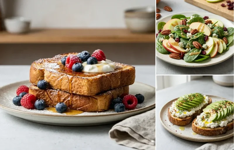 Protein French Toast with Spinach Apple Salad and Avocado Cottage Cheese Toast