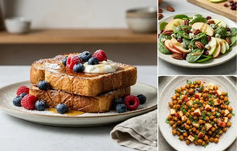 Protein French Toast with Spinach Apple Salad and Roasted Chana With Apple