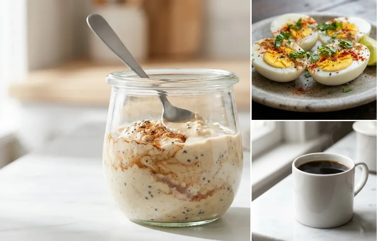 Protein Overnight Oats with Boiled Eggs with Black Coffee