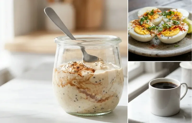 Protein Overnight Oats with Boiled Eggs with Black Coffee