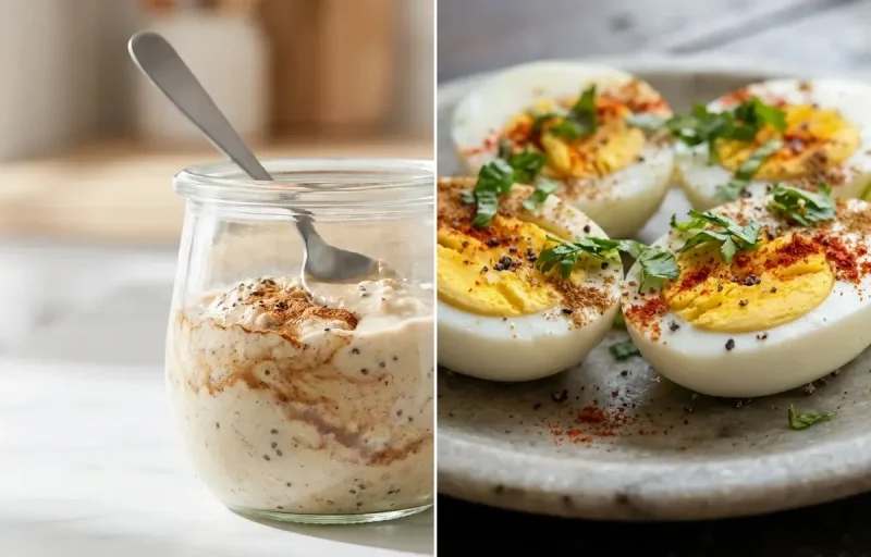Protein Overnight Oats with Boiled Eggs with Black Coffee