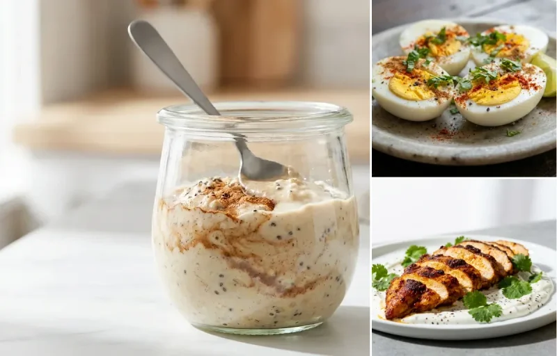 Protein Overnight Oats with Boiled Eggs with Spiced Chicken Slices