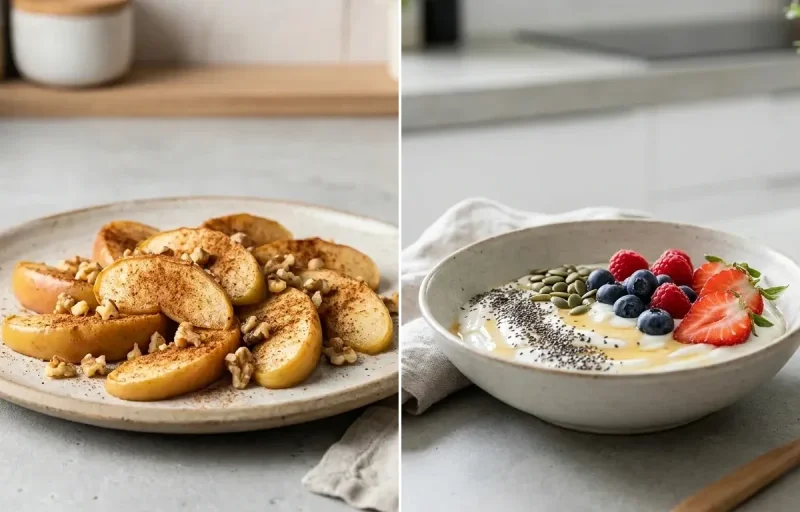 Protein Pancakes with Apple With Cinnamon and Yogurt With Seeds & Berries