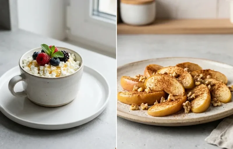 Protein Pancakes with Avocado Half, Cottage Cheese Cup and Apple With Cinnamon