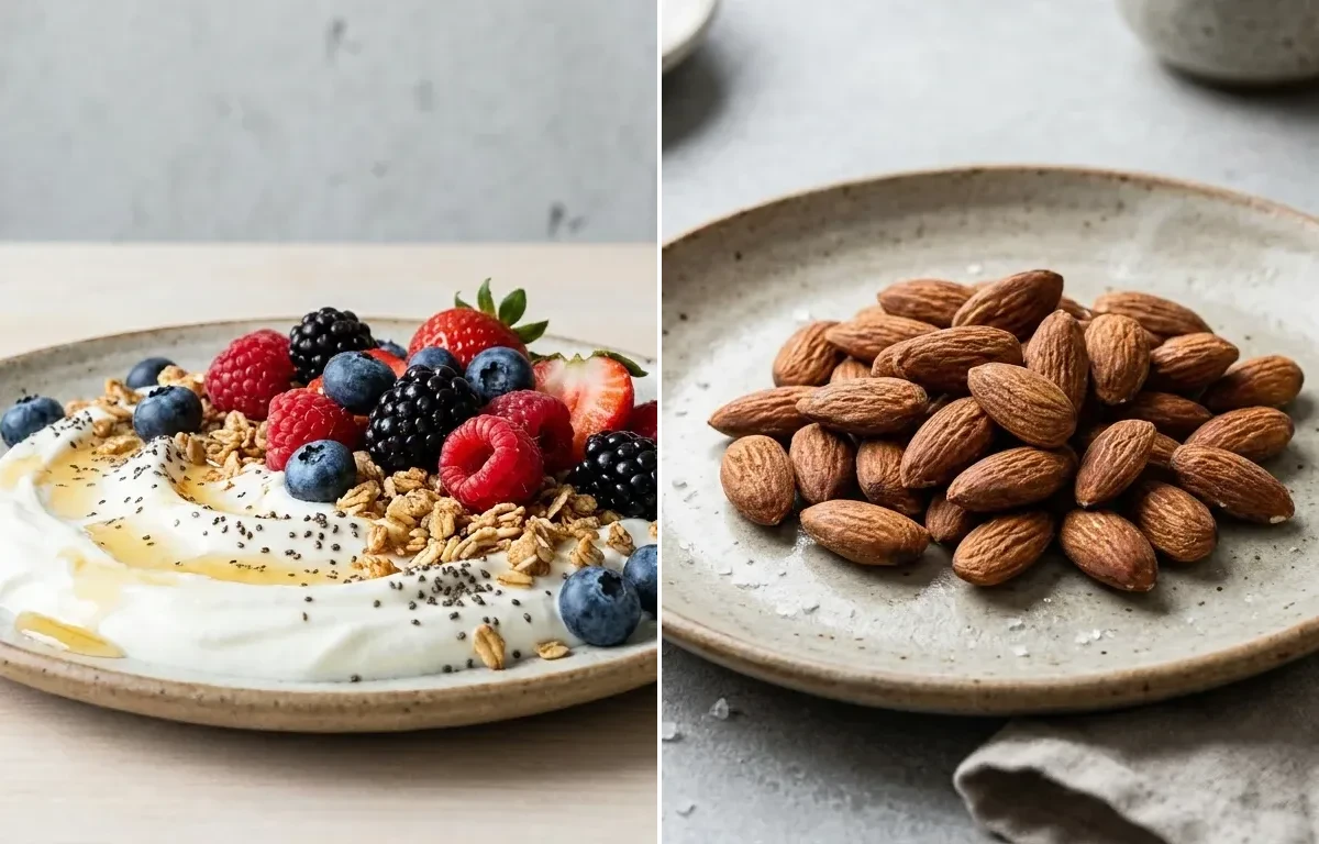 Protein Pancakes with Yogurt Berry Bowl and Roasted Almonds Small Portion
