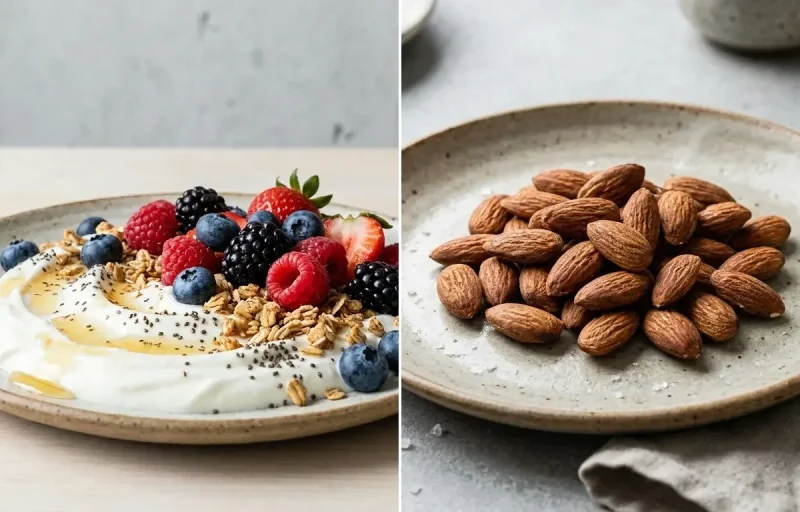 Protein Pancakes with Yogurt Berry Bowl and Roasted Almonds Small Portion