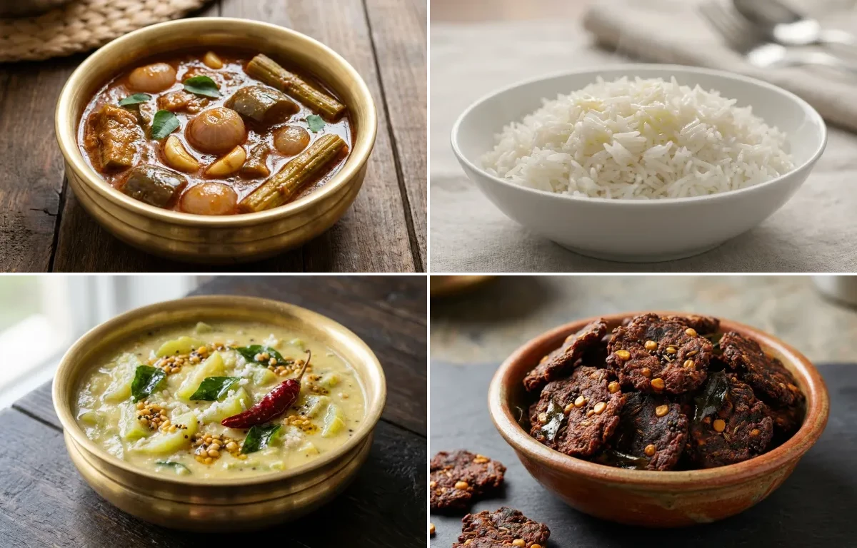 Puli Kuzhambu with Steamed Basmati Rice, Pudalangai Kootu and Vadagam