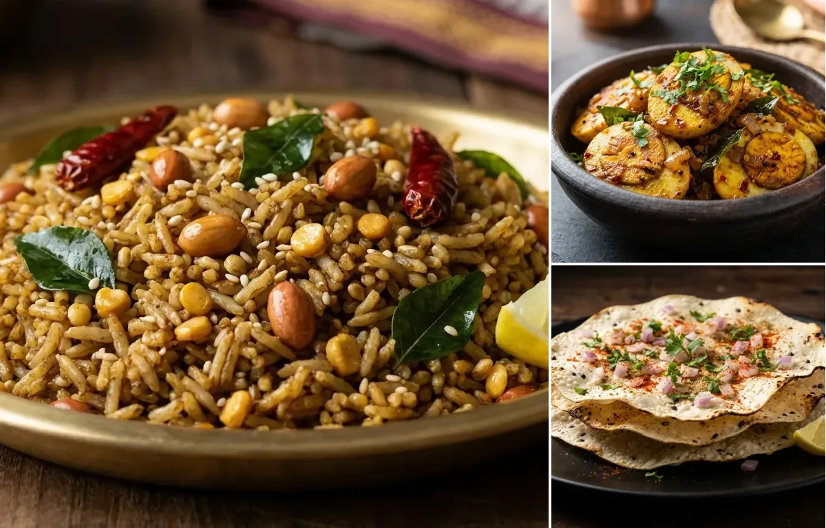 Puliyogare with Egg Fry and Urad Dal Papad