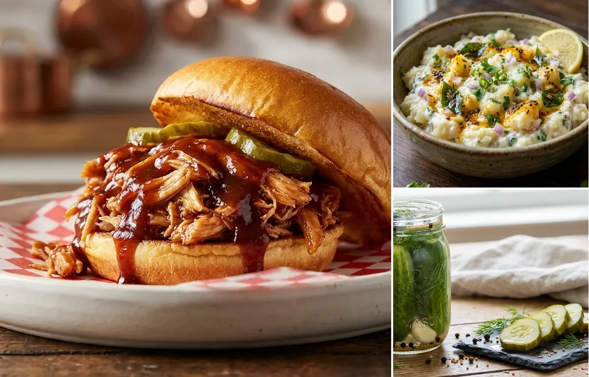 Pulled Chicken Sandwich with Potato Salad and Dill Pickles