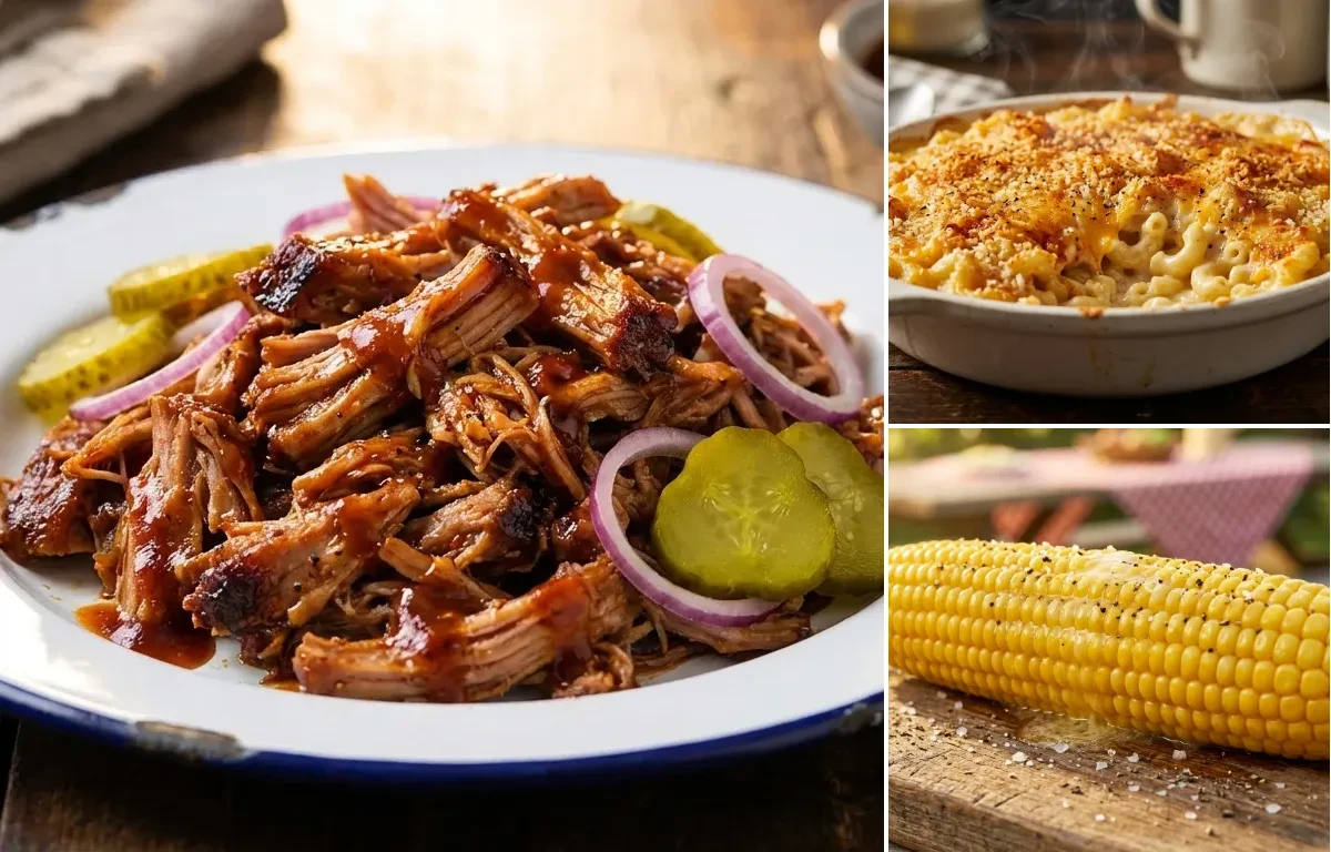 Pulled Pork with Baked Mac and Cheese and Corn on the Cob