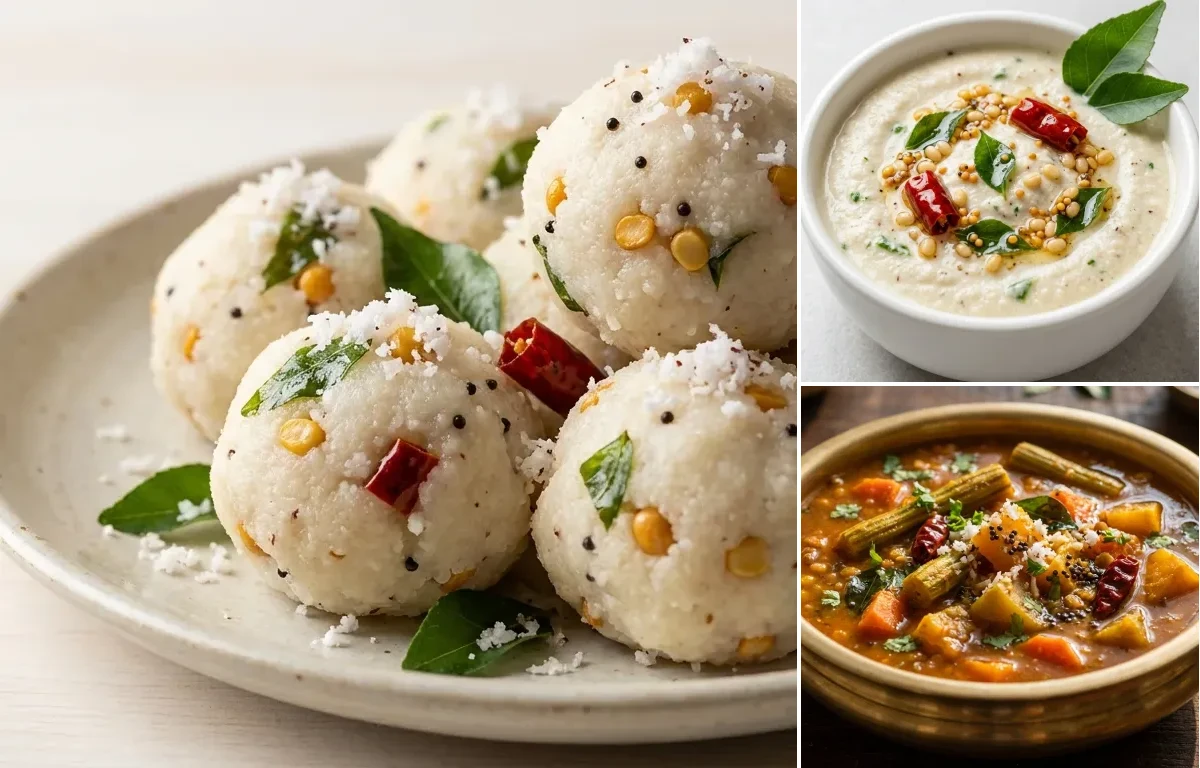 Pundi Gatti with Coconut Chutney and Udupi Sambar