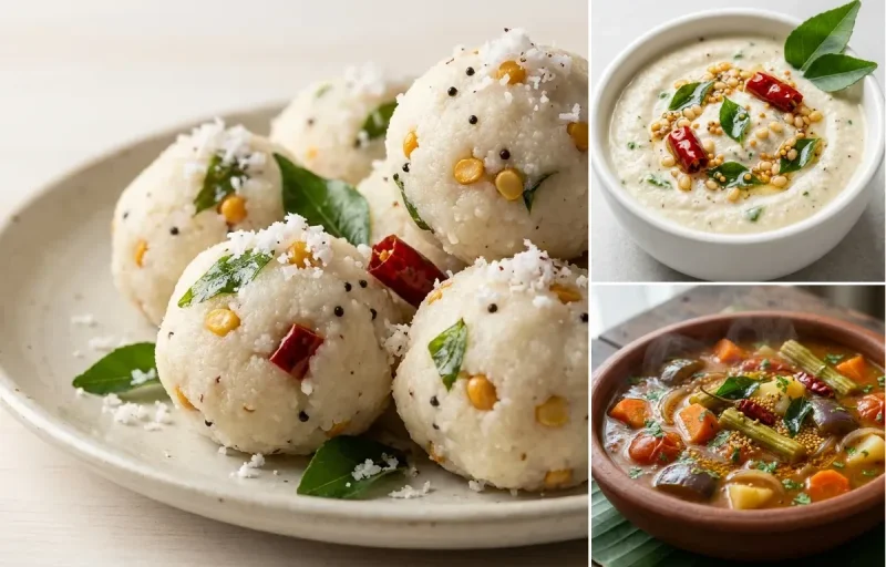 Pundi Gatti with Coconut Chutney and Vegetable Sambar