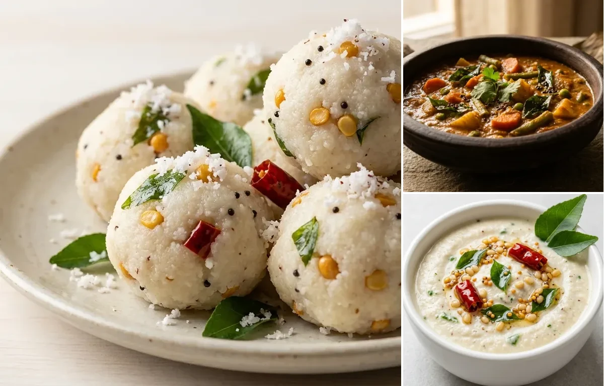 Pundi Gatti with Vegetable Gassi and Coconut Chutney