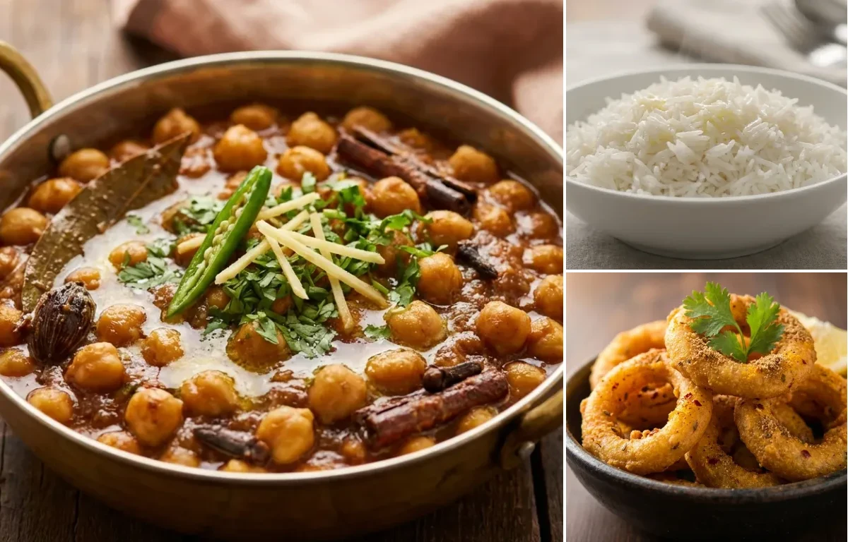 Punjabi Chole Masala with Steamed Basmati Rice and Indian Onion Rings