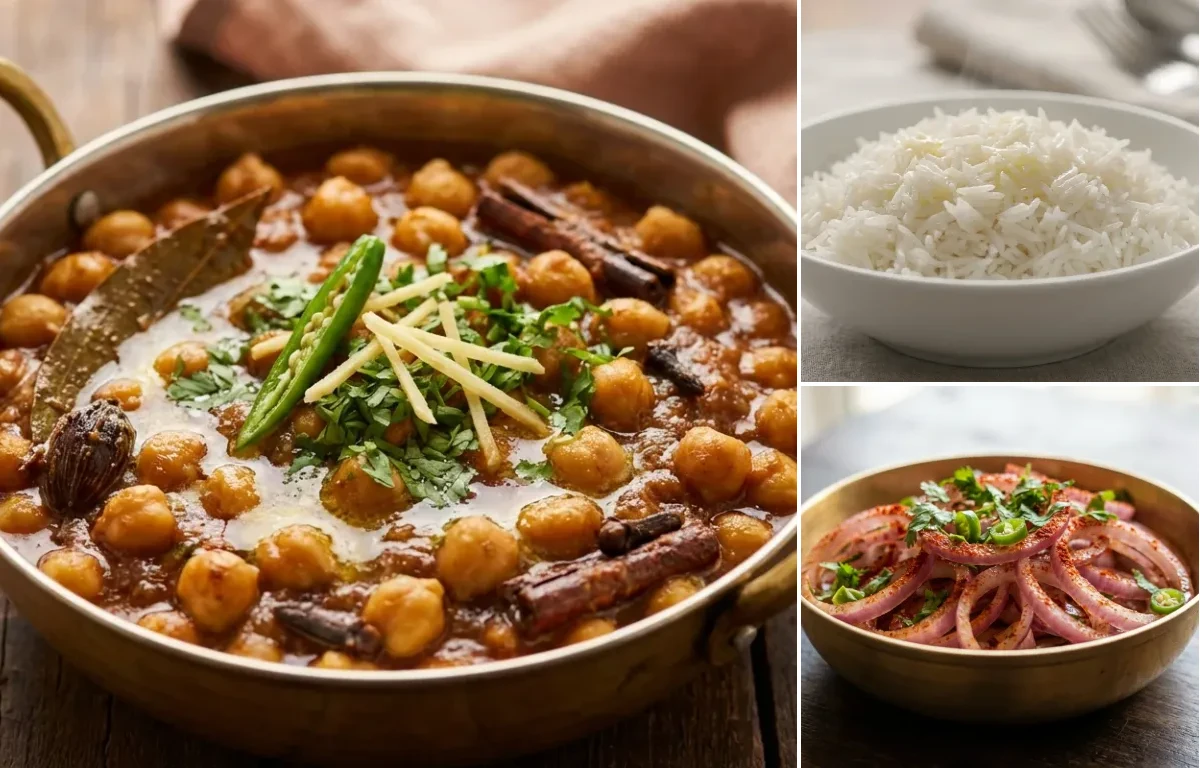 Punjabi Chole Masala with Steamed Basmati Rice and Onion Salad