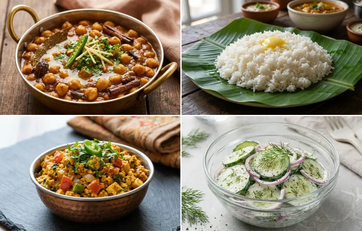 Punjabi Chole Masala with Steamed White Rice with Paneer Bhurji with Cucumber Salad with Dahi