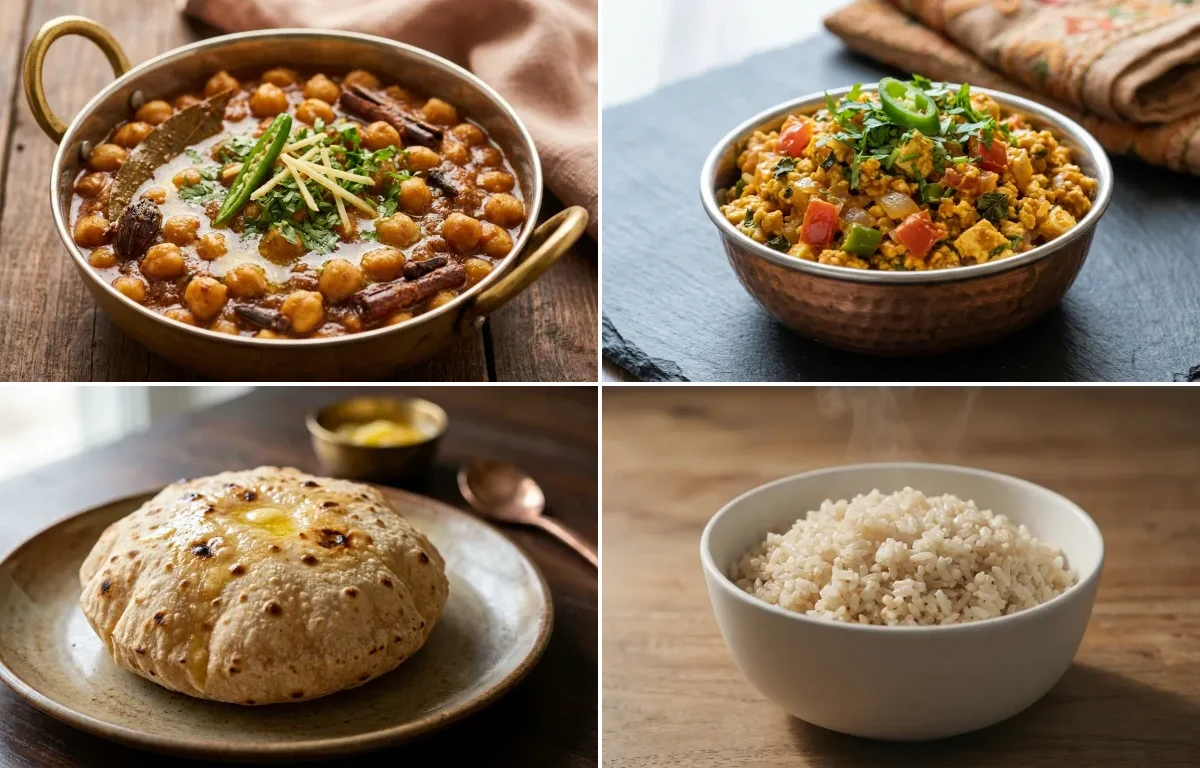 Punjabi Chole Masala with Paneer Bhurji with Phulka with Steamed White Rice with Dahi