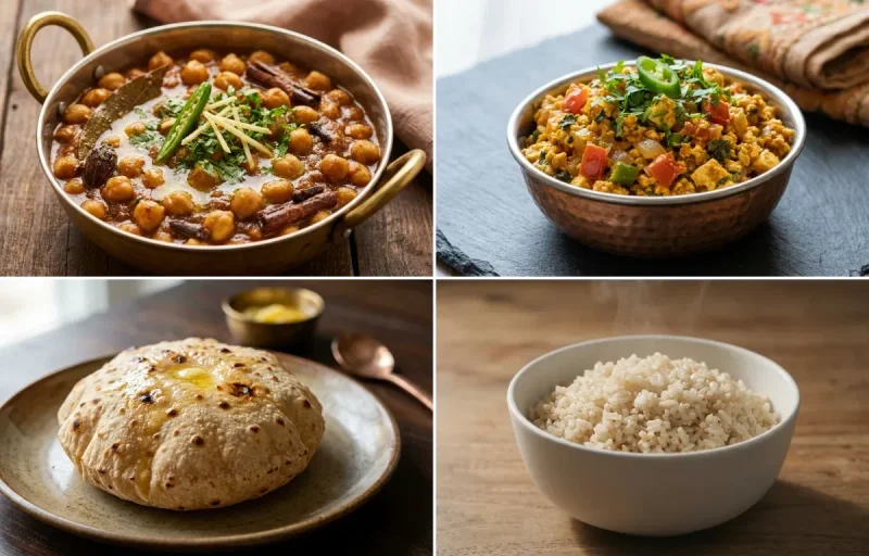 Punjabi Chole Masala with Paneer Bhurji with Phulka with Steamed White Rice with Dahi