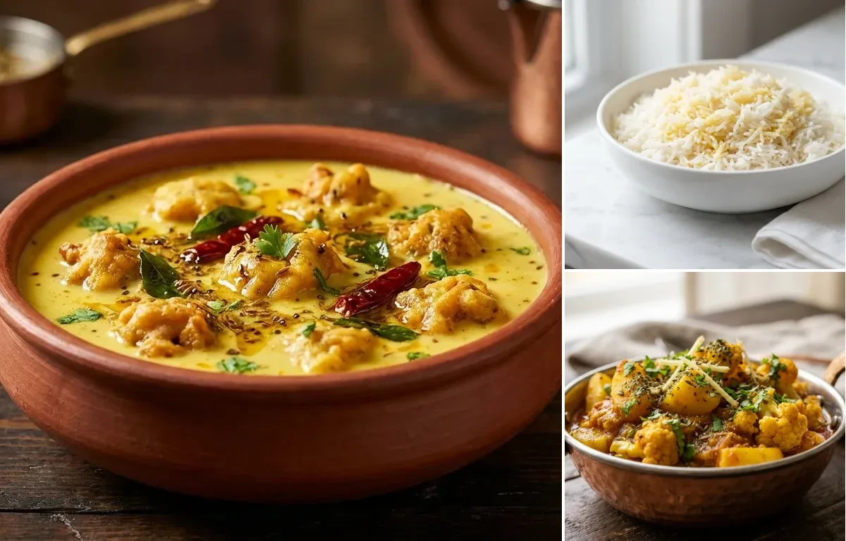 Punjabi Kadhi Pakora, Steamed Basmati Rice and Aloo Gobi Sabzi