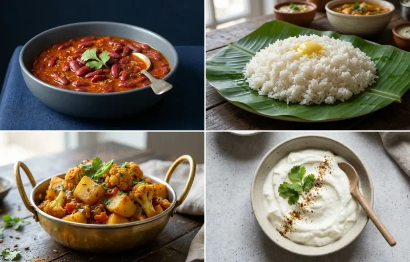 Rajma with Steamed White Rice with Aloo Gobi with Plain Dahi