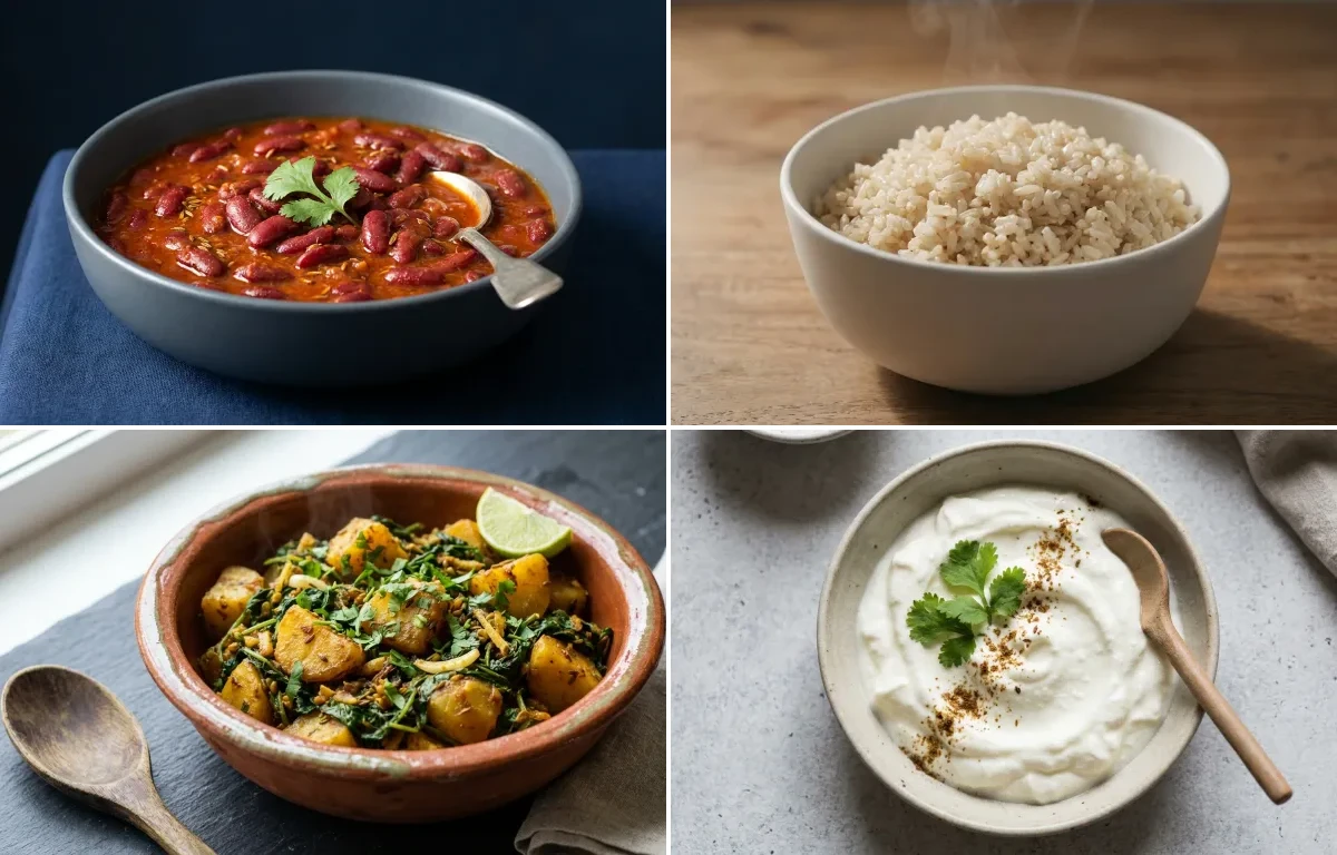 Rajma with Steamed White Rice with Aloo Methi with Plain Dahi