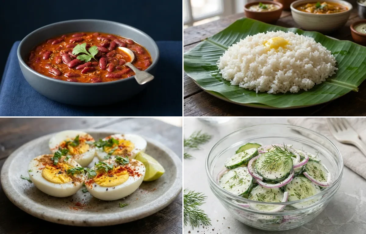 Rajma with Steamed White Rice with Boiled Eggs with Cucumber Salad