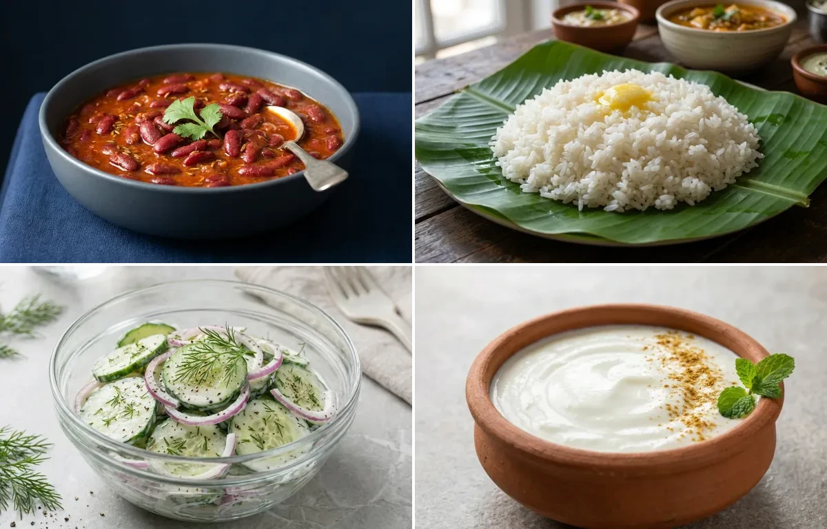 Rajma with Steamed White Rice with Cucumber Salad with Dahi