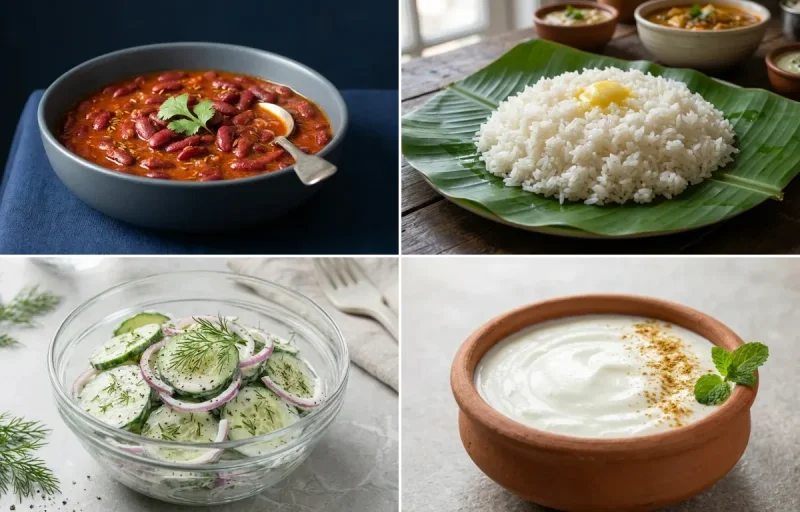 Rajma with Steamed White Rice with Cucumber Salad with Dahi