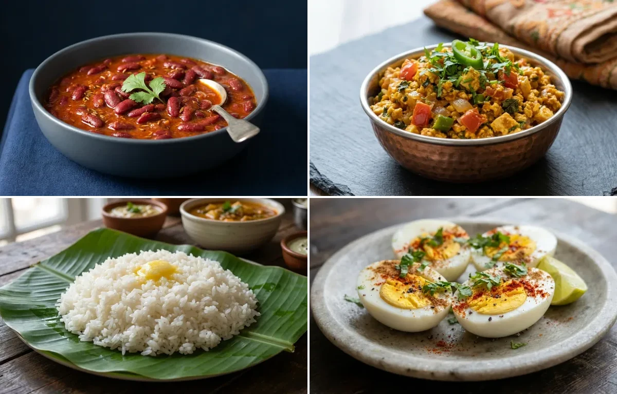 Rajma with Paneer Bhurji with Steamed White Rice with Boiled Eggs with Cucumber Salad