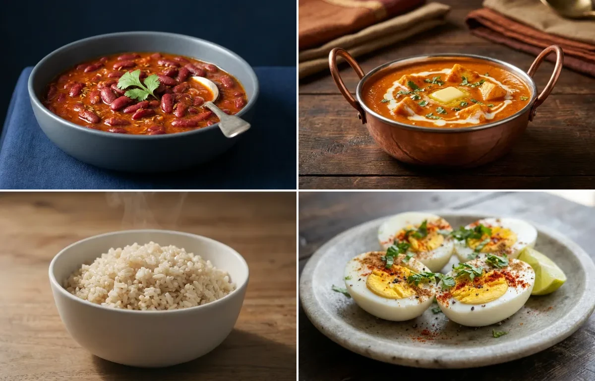 Rajma with Paneer Butter Masala with Steamed White Rice with Boiled Eggs with Green Salad