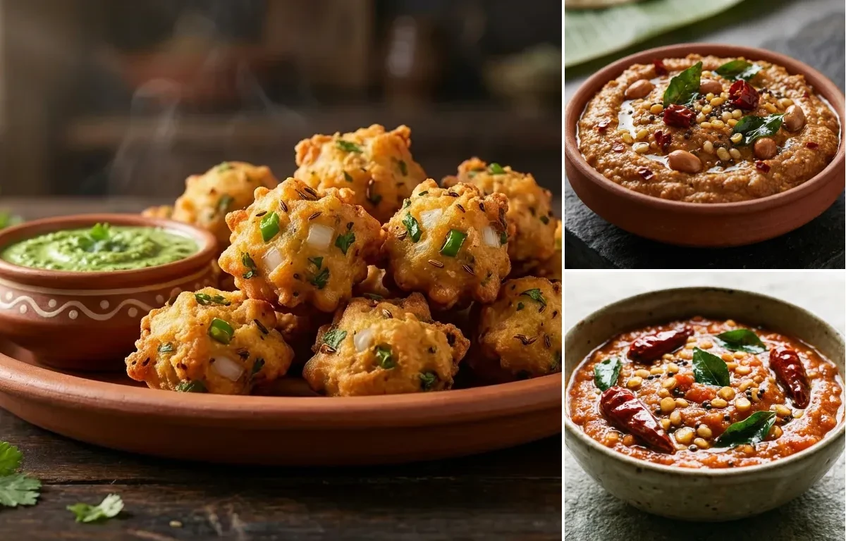 Punugulu with Peanut Chutney and Tomato Chutney